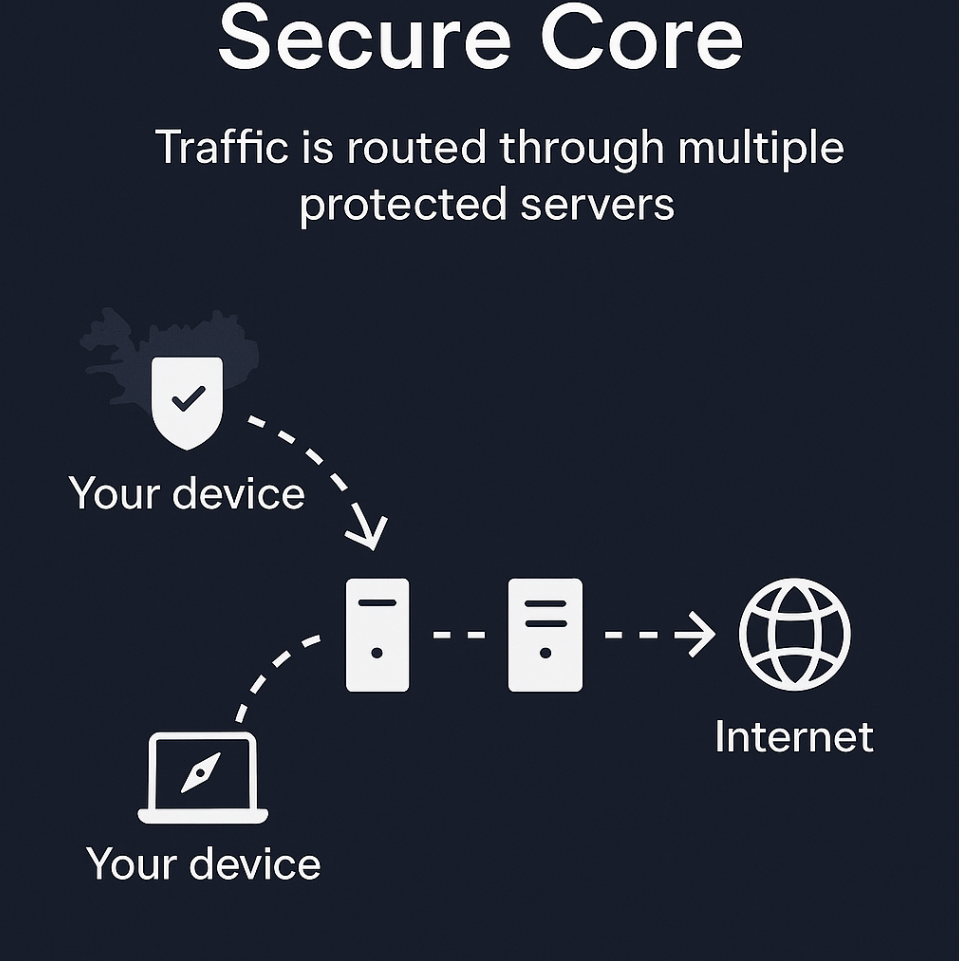 ProtonVPN отзывы
Secure Core: Схема маршрутизации трафика через защищённые точки.